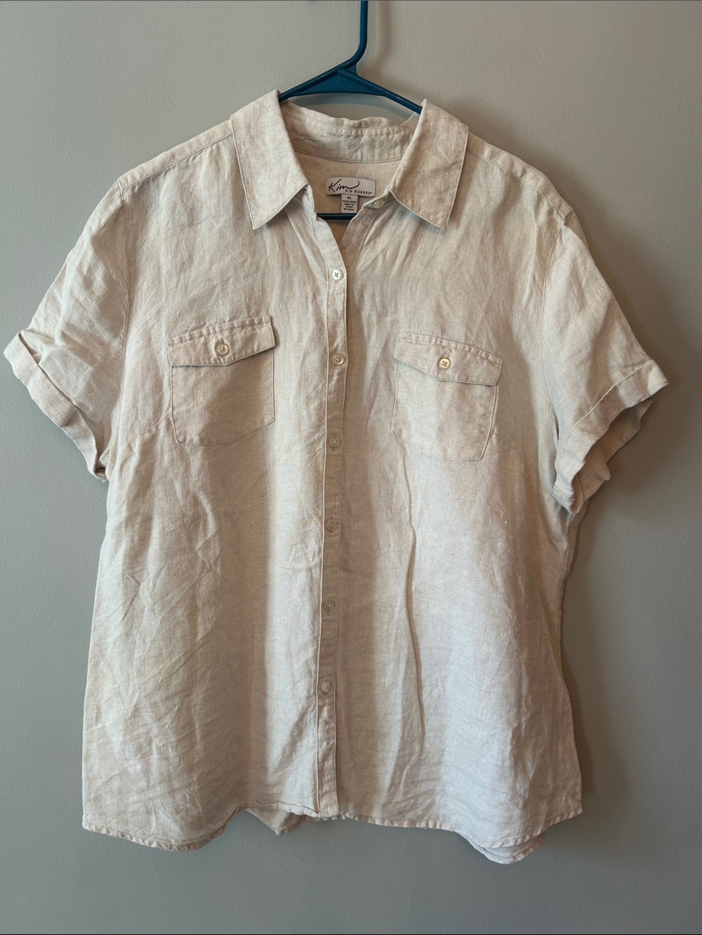 Kim Rogers, Women’s Size XL,  100% Linen Short Sleeve Button Up Blouse, Cream